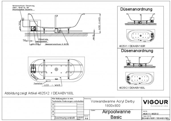 Airpool-Vorwandwanne basic Acryl links derby 180x80cm Ab/Überl.mittig weiss VIG