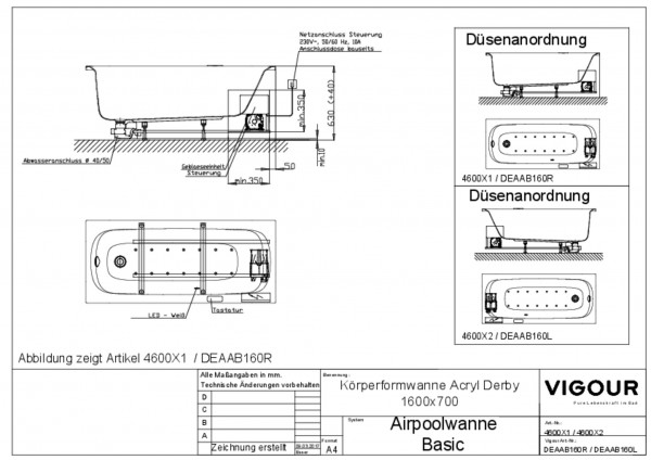 Airpool-Wanne basic Acryl derby rechts 160x70cm Ab-/Überlauf Fussende weiss VIG