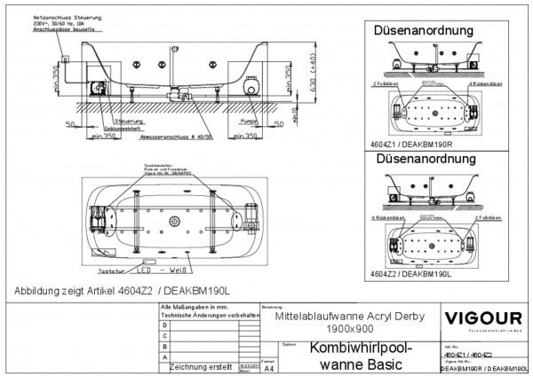 Kombiwhirlpool-Mittelablaufwa. basic l. derby 190x90cm Ablauf mittig weiss VIG