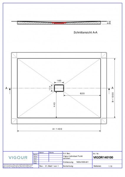 Duschelem. indiv. Resopal 140x100x4,5cm inkl.zentr.Ablauf waag.Silver Oak VIGOUR