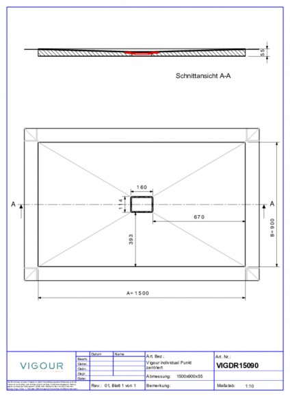 Duschelement indi. Resopal 150x90x4,5cm inkl.zentr.Ablauf senk. Mystic Pine VIG