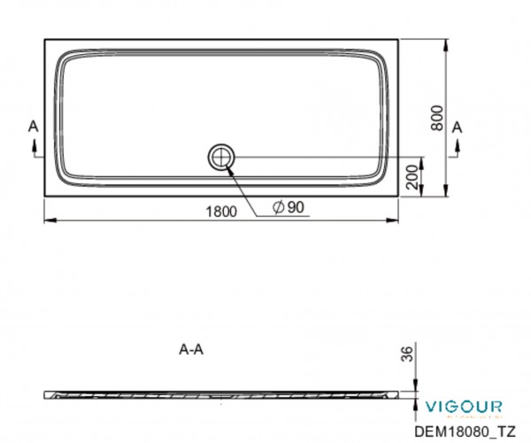 Duschwanne derby Mineralg. 180x80x3,6cm Ablauf längsseitig mittig weiss VIGOUR