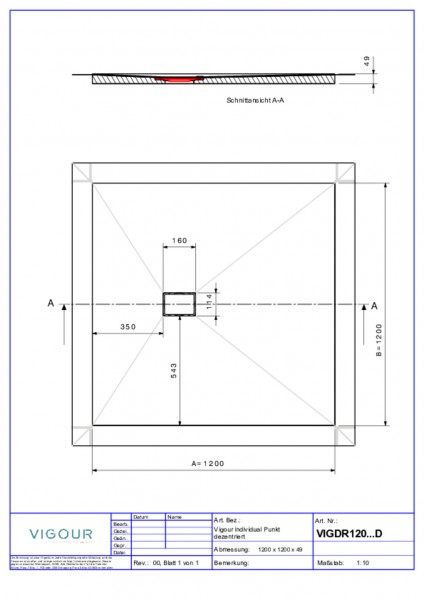 Duschelem. indiv. Resopal 120x120x4,5cm inkl.dezen.Ablauf waag. Aragon Stone VIG