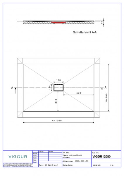 Duschelement indi. Resopal 120x80x4,5cm inkl. zentr.Ablauf senk. Country Oak VIG