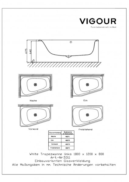 Glasverkleidung f.Eckversion white f. WHITET180L Verkehrsweiss A0070 VIGOUR