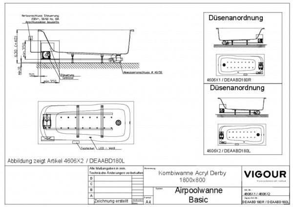 Airpool-Kombiwanne basic Acryl derby re. 180x80cm Fussablauf weiss VIGOUR