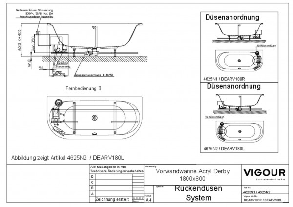 Rückendüsen-System-Vorwandwanne Acryl r. derby 180x80cm Ab/Überl.mittig weiss VIG