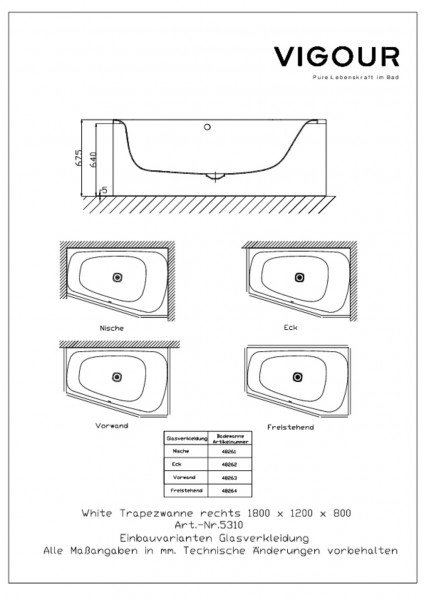 Glasverkleidung f.Eckversion white f. WHITET180R Verkehrsweiss A0070 VIGOUR