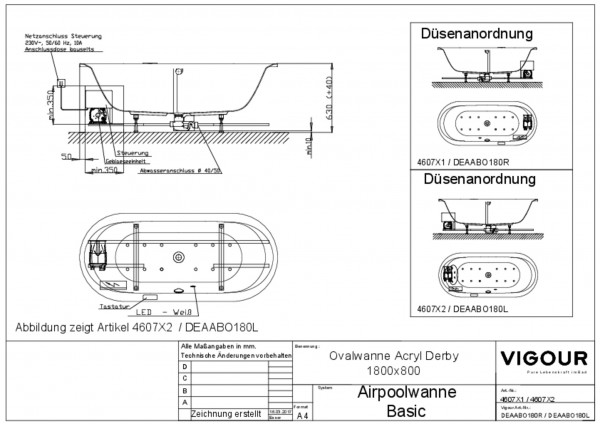 Airpool-Ovalwanne basic Acryl derby li. 180x80cm Ab/Überlauf mittig weiss VIGOUR