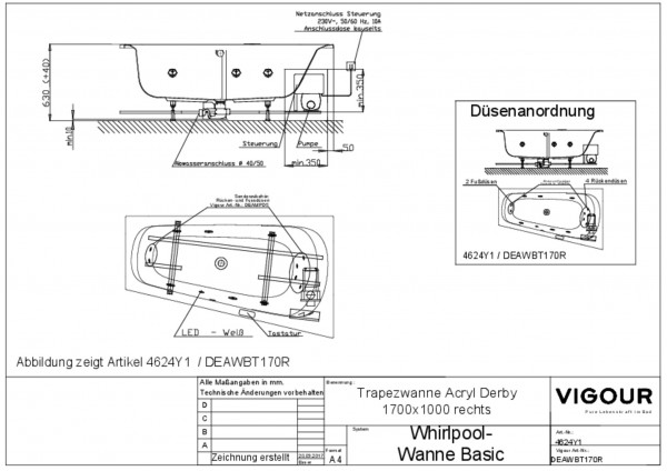 Whirlpool-Trapezw. basic Acryl derby re. 170x100cm Ablauf mittig re.weiss VIGOUR