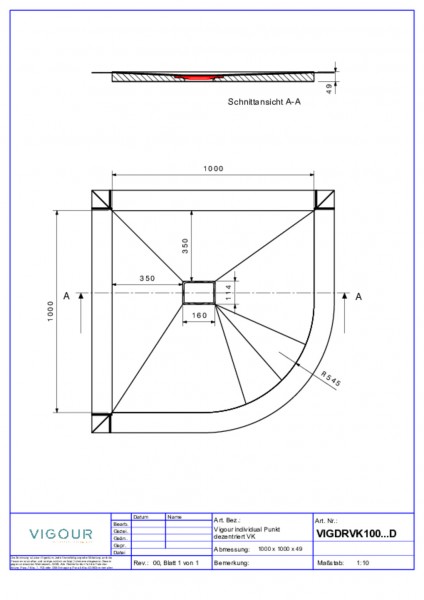 Duschel. indiv. Resopal VK 100x100x4,5cm inkl. dezen.Ablauf senk. Country Oak VIG