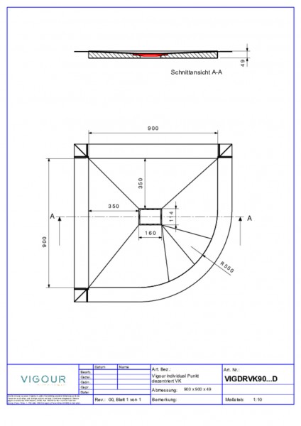 Duschelem. indiv. Resopal VK 90x90x4,5cm inkl. dezen.Ablauf waag. Country Oak VIG