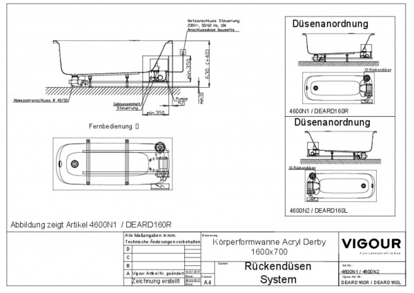 Rückendüsen-Sys. Acryl derby 160x70cm l. Ab-/ Überlauf Fussende weiss VIGOUR