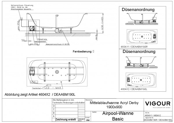 Airpool-Mittelablaufw. basic Acryl links derby 190x90cm Ablauf mittig weiss VIG