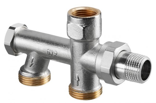 OVENTROP-Zweirohr-Anschlussstück "Duo" mit Absperrung, G 3/4" AG, Abstand 50mm 1013361