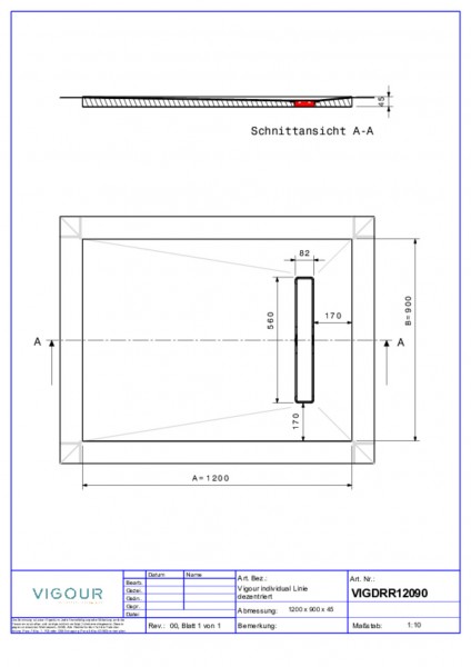 Duschelem. indiv. Resopal 120x90x4,5cm inkl. Rinne Abl. senk. Silver Oak VIG.