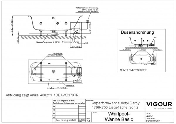 Whirlpool-Wanne basic Acryl derby rechts 170x75cm Abl.mittig Liegefl.re.weiss VIG
