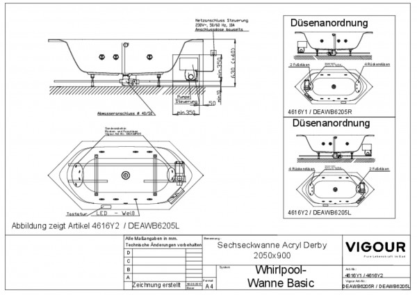 Whirlp.-Sechseckwa. basic Acryl derby r. 205x90cm Ab/Überlauf mittig weiss VIGOUR