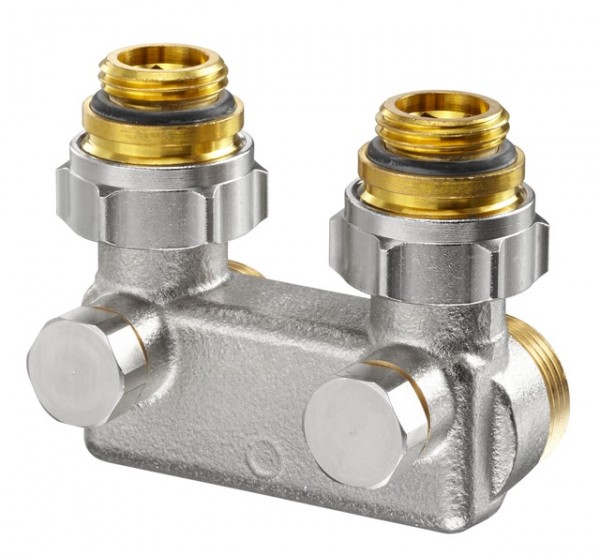 OVENTROP-Umlenkstück mit Absperrung Winkelform, 50mm, 1/2"AGx3/4"AG, vern. 1016463