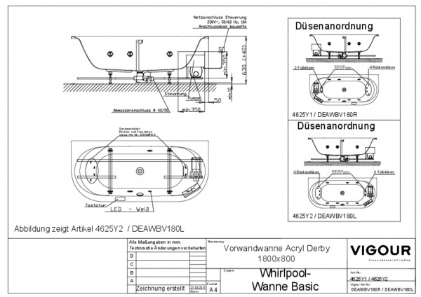 Whirlpool-Vorwandwa. basic Acryl derby r 180x80cm Ab/Überlauf mittig weiss VIGOUR