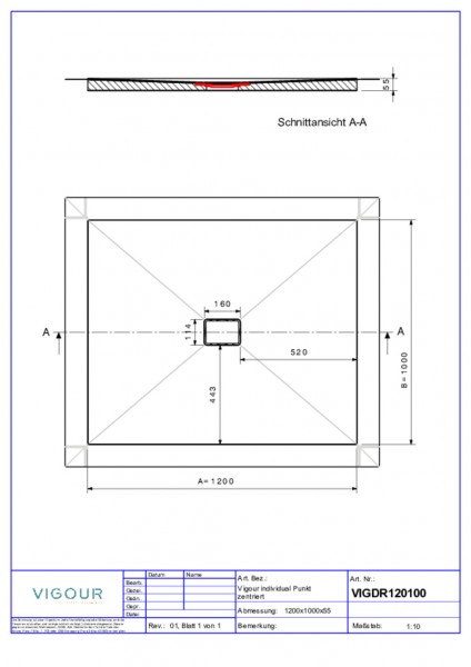 Duschelem. indiv. Resopal 120x100x4,5cm inkl. zentr.Abl. waag. Empire Slate VIG