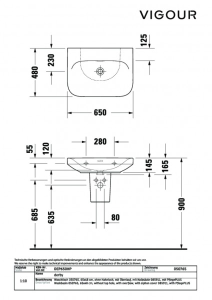 Waschtisch derby plus 65x48cm ohne HL mit Überlauf weiss PflegePLUS VIGOUR