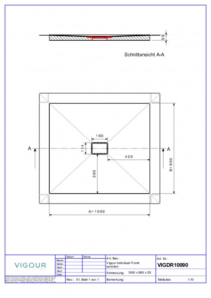 Duschelement indi. Resopal 100x90x4,5cm inkl.zentr.Ablauf senk.Silver Oak VIGOUR