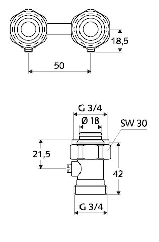 SCHELL Doppel-Anschlusshahn für VHK Durchgang, absp., G 3/4 AG, mattnickel 142030499