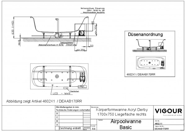 Airpool-Wanne basic Acryl derby rechts 170x75cm Abl.mittig Liegefl.re.weiss VIG