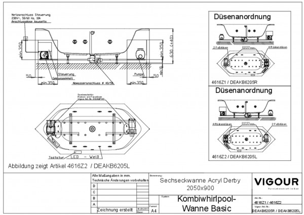 Kombiwhirlpool-Sechseckwanne basic links Acryl derby 205x90cm Ab.mittig weiss VIG