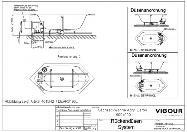 Rückendüsen-Syst.6-Eckwa. Acryl derby r. 190x90cm Ab/Überlauf mittig weiss VIGOUR