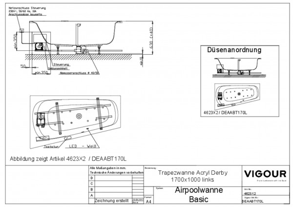 Airpool-Trapezwanne basic Acryl derby l. 170x100cm Ablauf mittig li.weiss VIGOUR