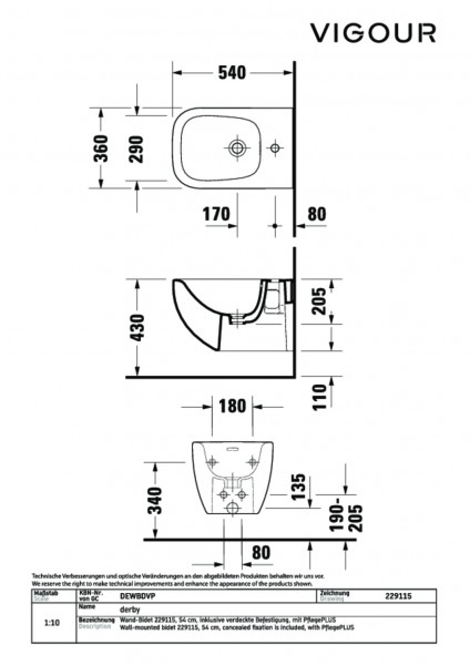 Wand-Bidet derby verdeckte Befestigung weiss PflegePLUS VIGOUR