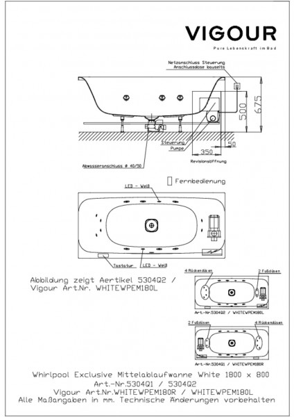 Whirlpool Mittelabwanne exkl.white re. 180x80cm Ab/Überlauf mittig weiss VIGOUR