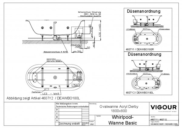 Whirlpool-Ovalwanne basic Acryl derby r. 180x80cm Ab/Überlauf mittig weiss VIGOUR