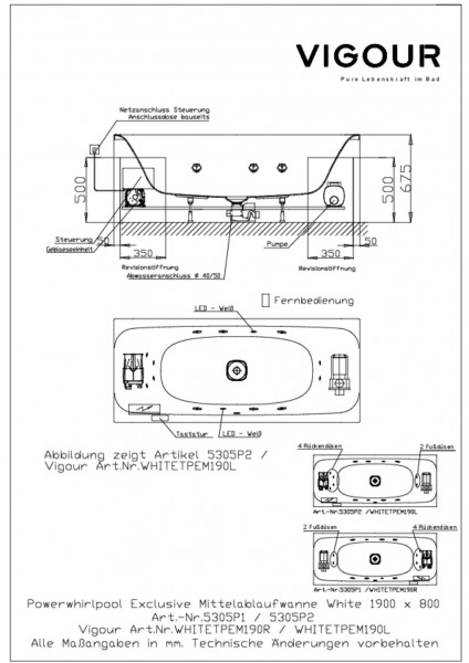 Powerwhirlpool Mittelabw. exkl.white li. 190x80cm Ab/Überlauf mittig weiss VIGOUR