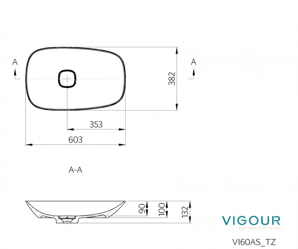 Aufsatzschale vogue 60x38cm m.ni.versch. Ven.m.Ablaufabd.asym.weiss Prot.Plus VIG