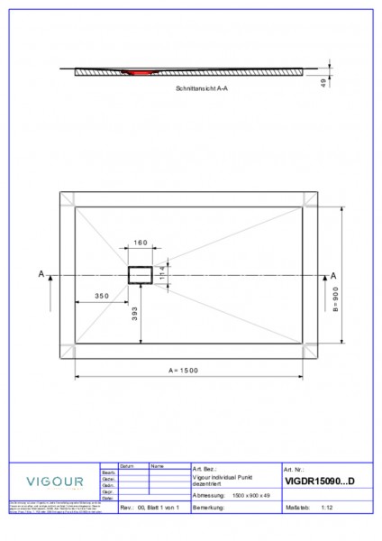 Duschelem. indiv. Resopal 150x90x4,5cm inkl.dezen.Ablauf senk.Novara Elm VIG.