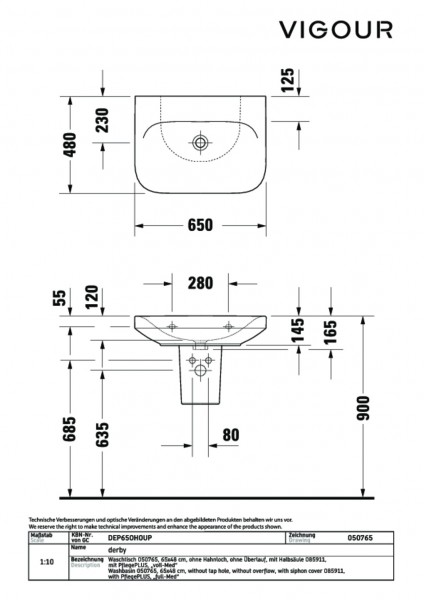 Waschtisch derby plus 65x48cm ohne HL ohne Überlauf weiss PflegePLUS VIGOUR
