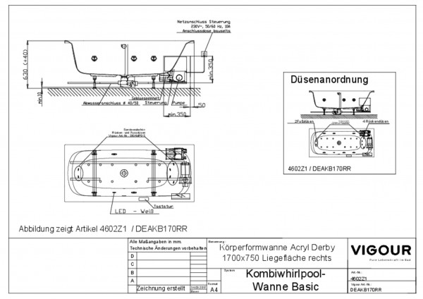 Kombiwhirlpoolwanne basic Acryl derby r. 170x75cm Abl.mittig Liegefl.re.weiss VIG