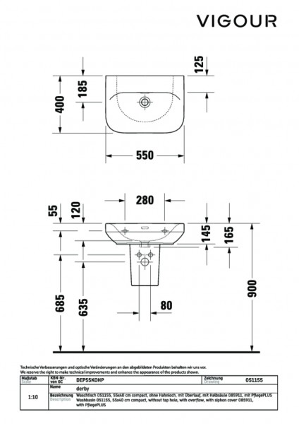 Waschtisch derby plus kompakt 55x40cm ohne HL mit ÜL weiss PflegePLUS VIGOUR