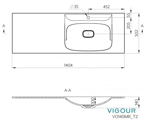 Möbelwaschtisch vogue 140x50cm asym.re. m.int.ÜL m.Ablaufabd.Protect Plus VIGOUR