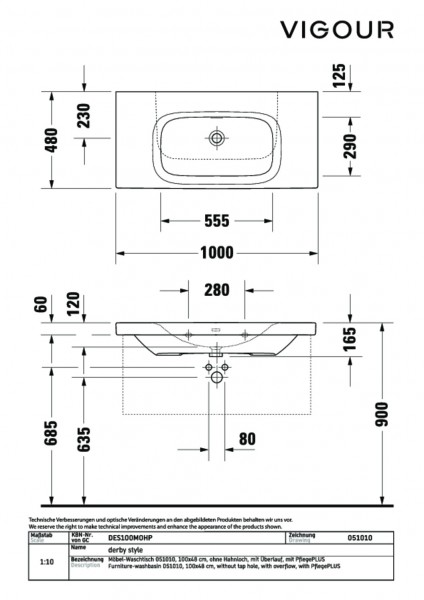 Möbelwaschtisch derby style 100x48cm ohne Hahnloch weiss PflegePLUS VIGOUR