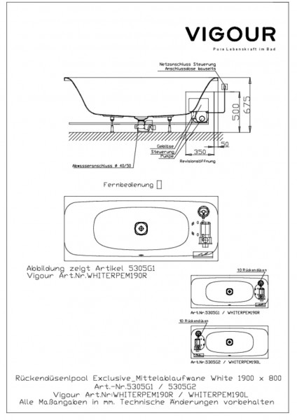 Rückendüsenpool Mittelabw.exkl. white li 190x80cm Ab/Überlauf mittig weiss VIGOUR