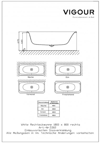 Glasverkleidung f.Nische white f. WHITE180R/L Sonderfarben VIGOUR