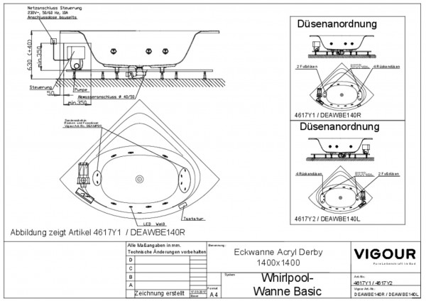 Whirlpool-Eckwanne basic Acryl derby re. 140cm Ab-/Überlauf mittig weiss VIGOUR