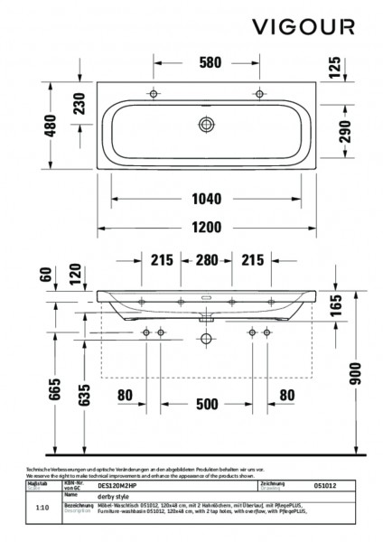 Möbelwaschtisch derby style 120x48cm 2 Hahnlöcher weiss PflegePLUS VIGOUR