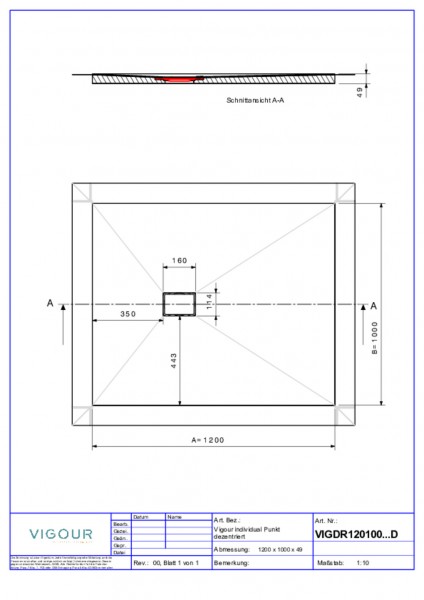 Duschelem. indiv. Resopal 120x100x4,5cm inkl.dezen.Ablauf senk.Novara Elm VIG.