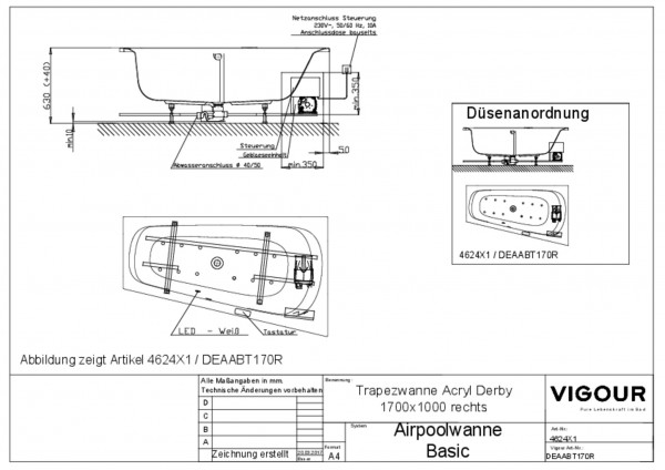 Airpool-Trapezwanne basic Acryl derby r. 170x100cm Ablauf mittig re.weiss VIGOUR