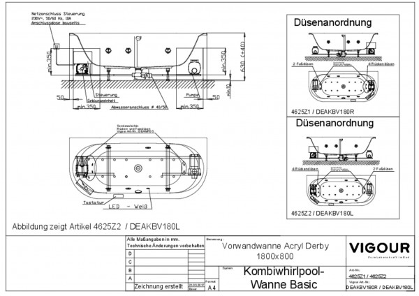 Kombiwhirlpool-Vorwandwanne basic links Acryl derby 180x80cm Ab.mittig weiss VIG
